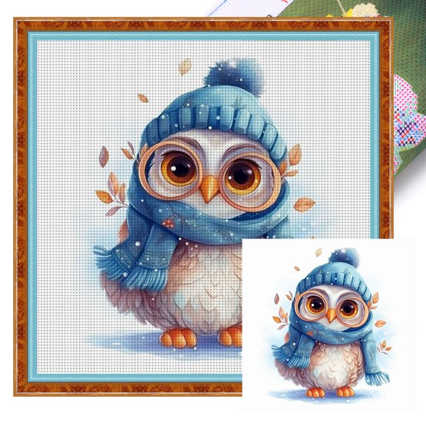 Hilo Algodón Ecológico Bordado Punto Cruz Búho Invierno Impreso 18CT 25x25cm