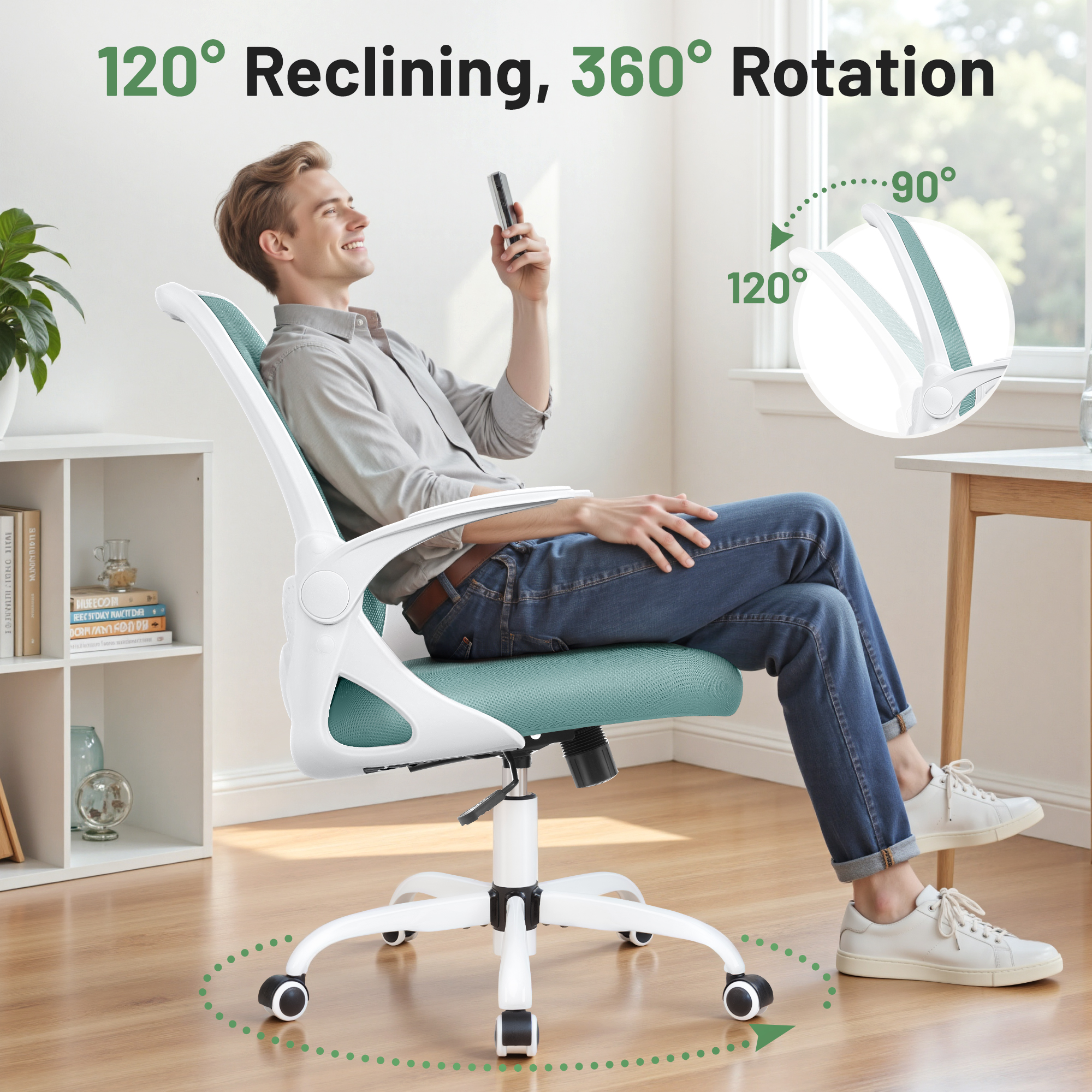 ATHOPE Office Chair, Ergonomic Desk Chair with Lumbar Support Adjustable Height Swivel Wheels Flip-up Arms Mesh Computer Gaming Chair for Home Office, Green