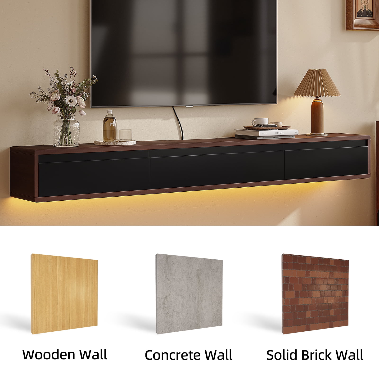 FloatiCasa 70" Floating TV Stand Wall Mounted Floating TV Shelf for TVs up to 75" Floating TV Console with 3 Flip-down Door