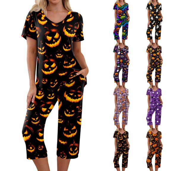 Women's Halloween Loungewear Set Short Sleeve V Neck Top and Cropped Pants with Pockets Ghost Pumpkin Print Breathable Soft Pajama Set for Home Outdoor Black L