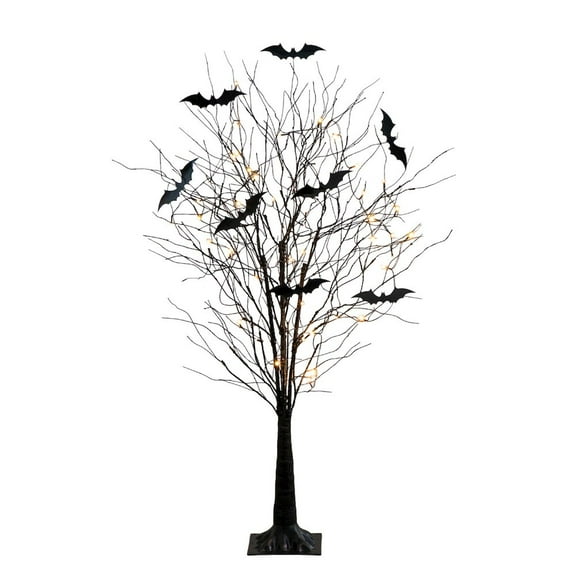 Nearly Natural 5ft. Pre-Lit Artificial Halloween Black Twig Tree with Bats and 50 LED Lights