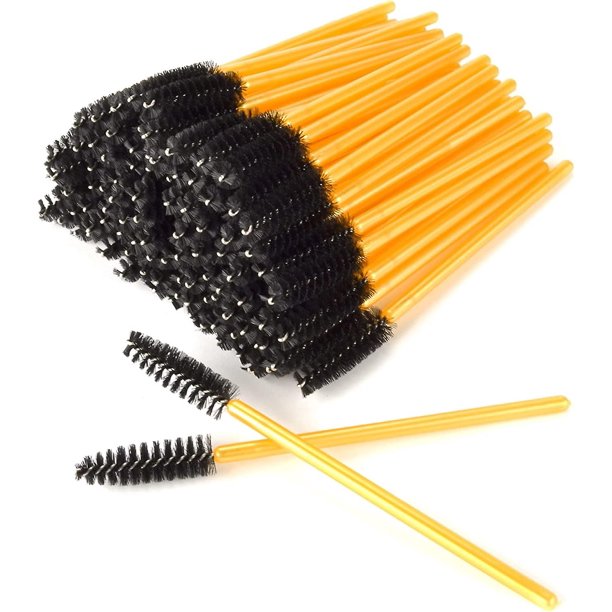 Mascara Wands , Disposable Eyelash Brushes Eye Lash Eyebrow Brow Applicator Micro Brush, Cosmetic Makeup Brush Tool Kits (gold+black100pcs