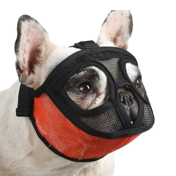 Bozal de hocico corto para perro, de malla transpirable y cara plana para bulldog, con máscara (negro-naranja)