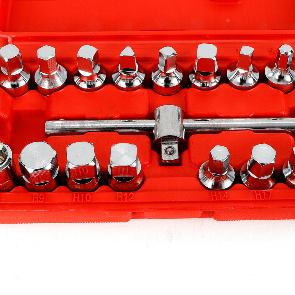 18PCS Oil Drain Pipe Plug Hexagon Square Socket Key Removal Tool Set 3/8'' Drive