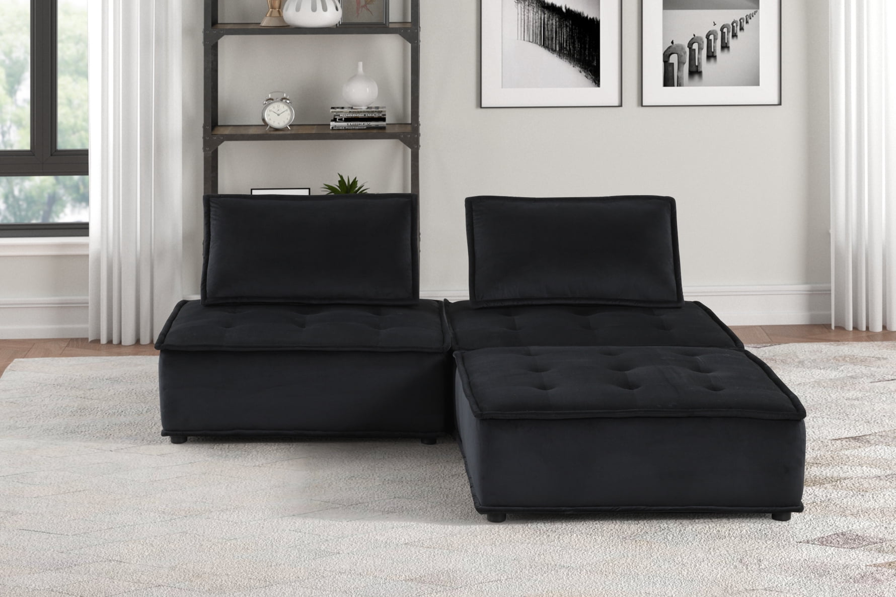 3 Pc Velvet Sectional Ottoman Sofa, LShaped Convertible Sectional Sofa