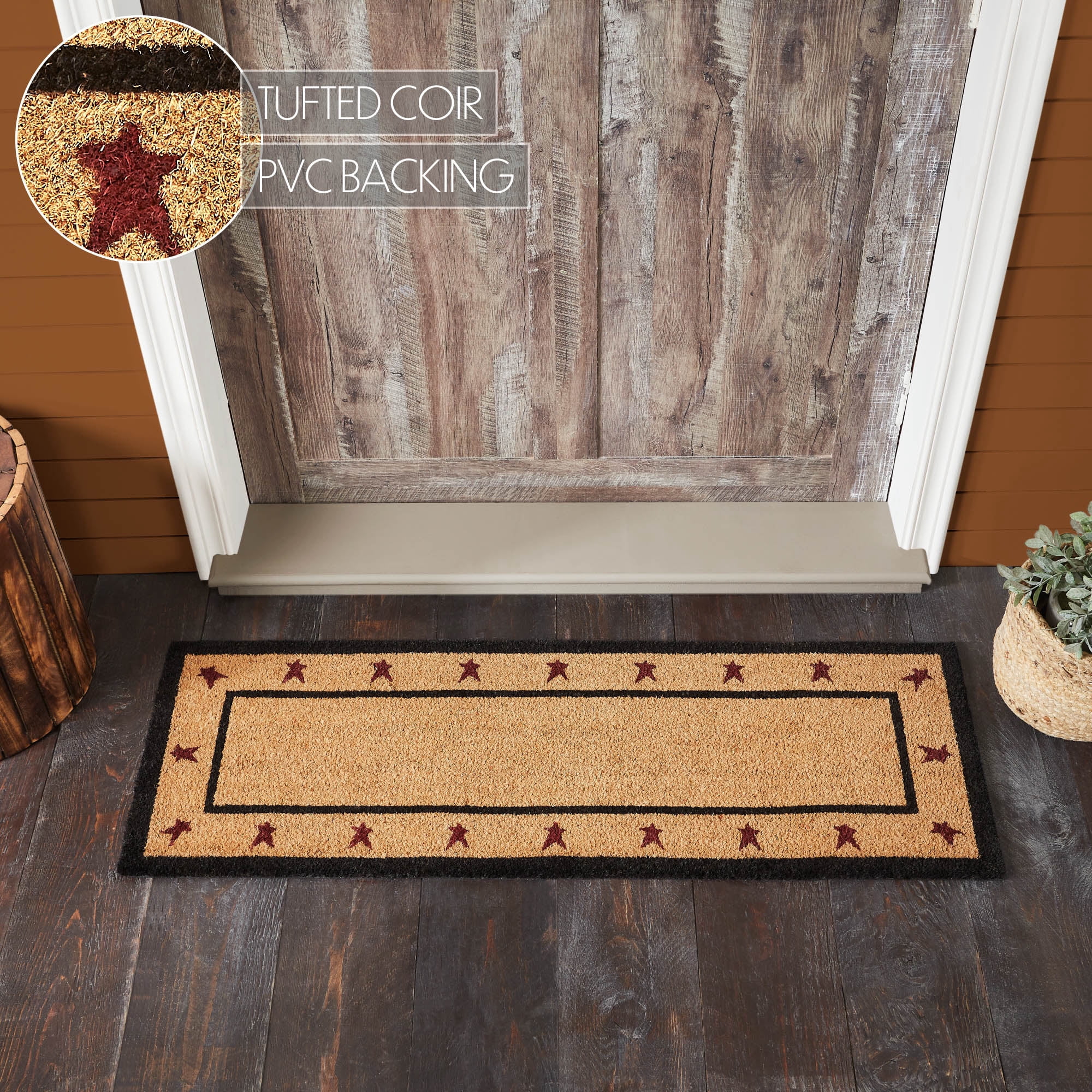 VHC Brands Coir Welcome Door Mat, Entry Rug, with PVC Backing, for Indoor Outdoor Use, Connell Collection, Rectangle 17x48 Doormat, Primitive Stars, Natural