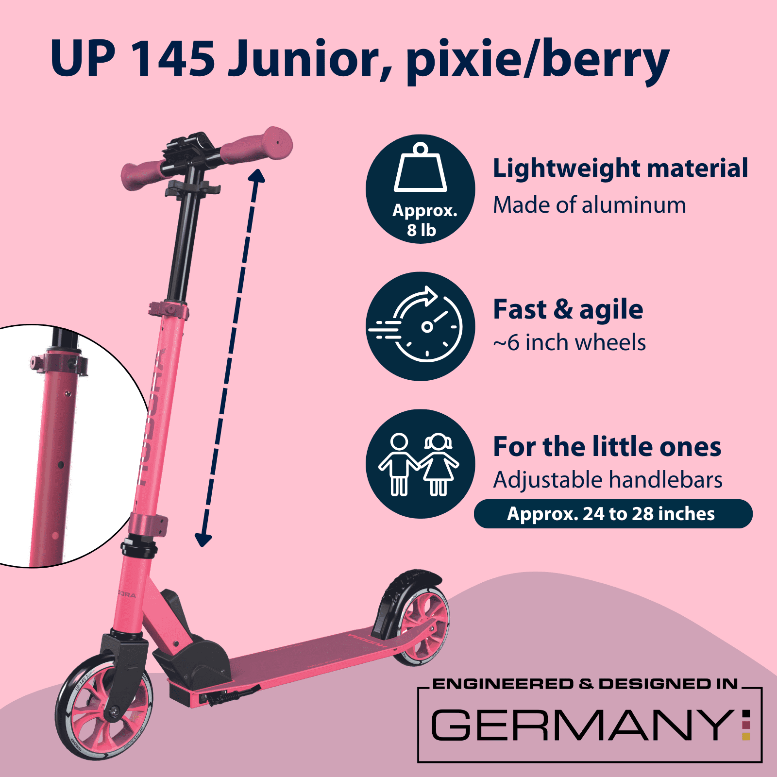 Hudora Scooter up 145 (57") Junior Berry - Lightweight - Age 3+ - up to 132lb