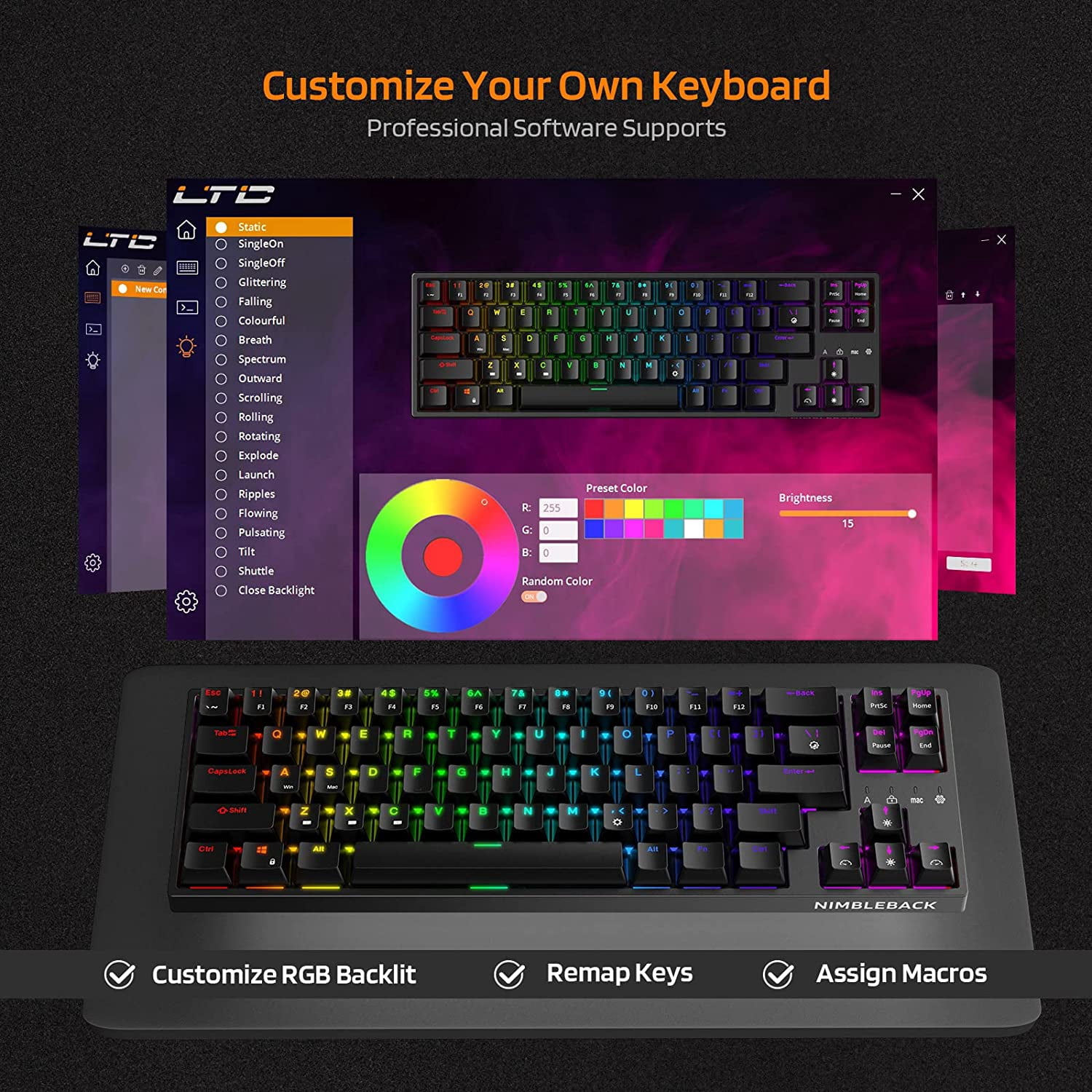 LTC NB981 Nimbleback 98 Keys Wired Mechanical Keyboard, 96% Gaming Keyboard w/White Backlit, Red Switch, 2-Layer Foam, Eclipse Black