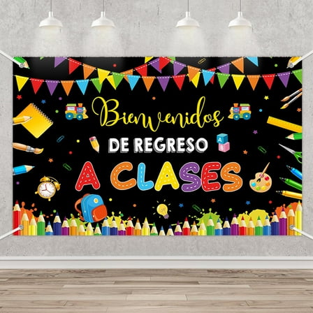 Bienvenidos De Regreso A Clases Banner Spanish Welcome Back to School Classroom Decorations Chalkboard Colorful Pens Kids Back to School Party Decor Photo Booth Props 3.6x5.9ft