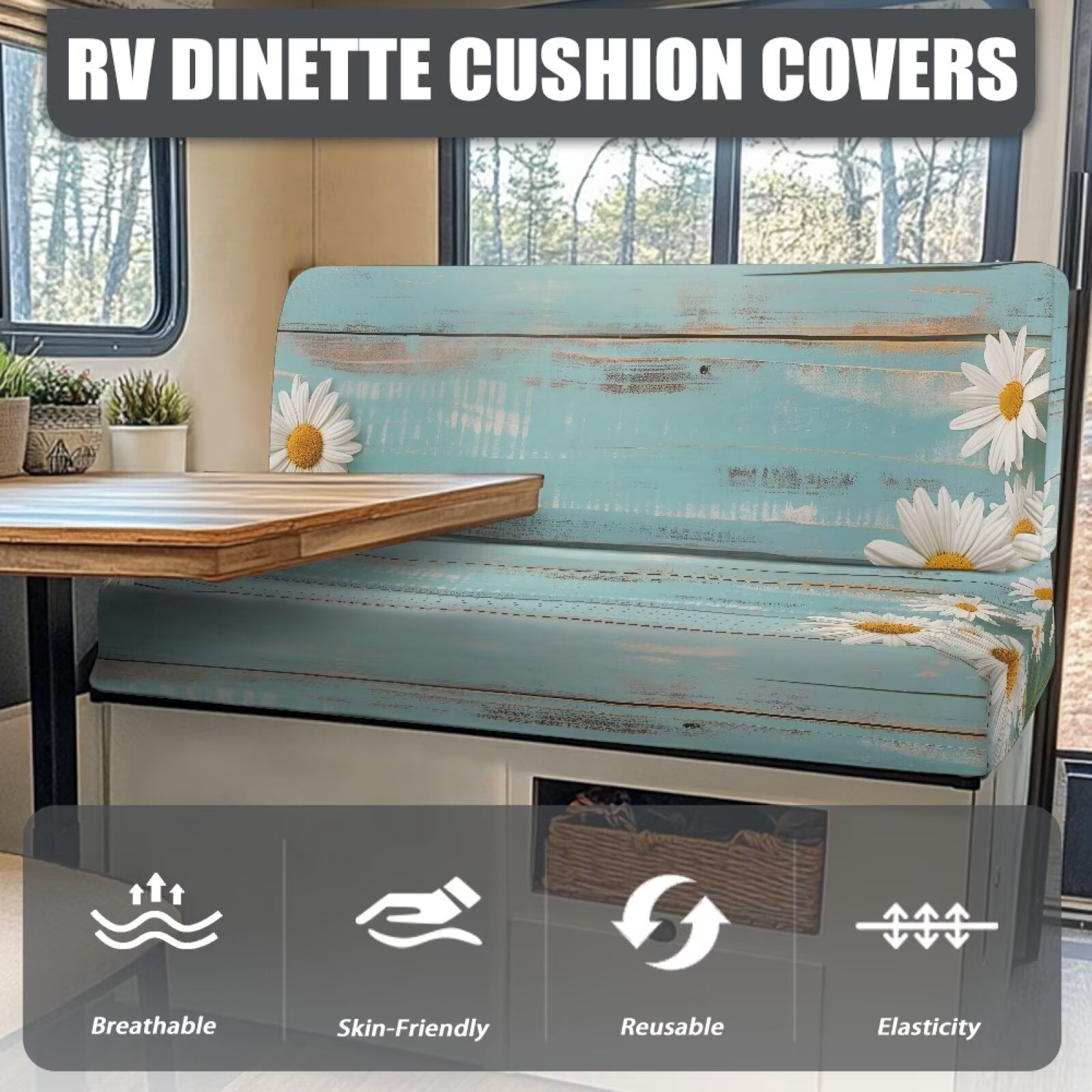 Boatee Beautiful Daisy RV Dinette Cushion Covers Universal Camper Accessories Comfortable Cushion Covers for Couches and Sofas Soft Sofa Slip Covers for 2 Seat Cushion Couch Blue