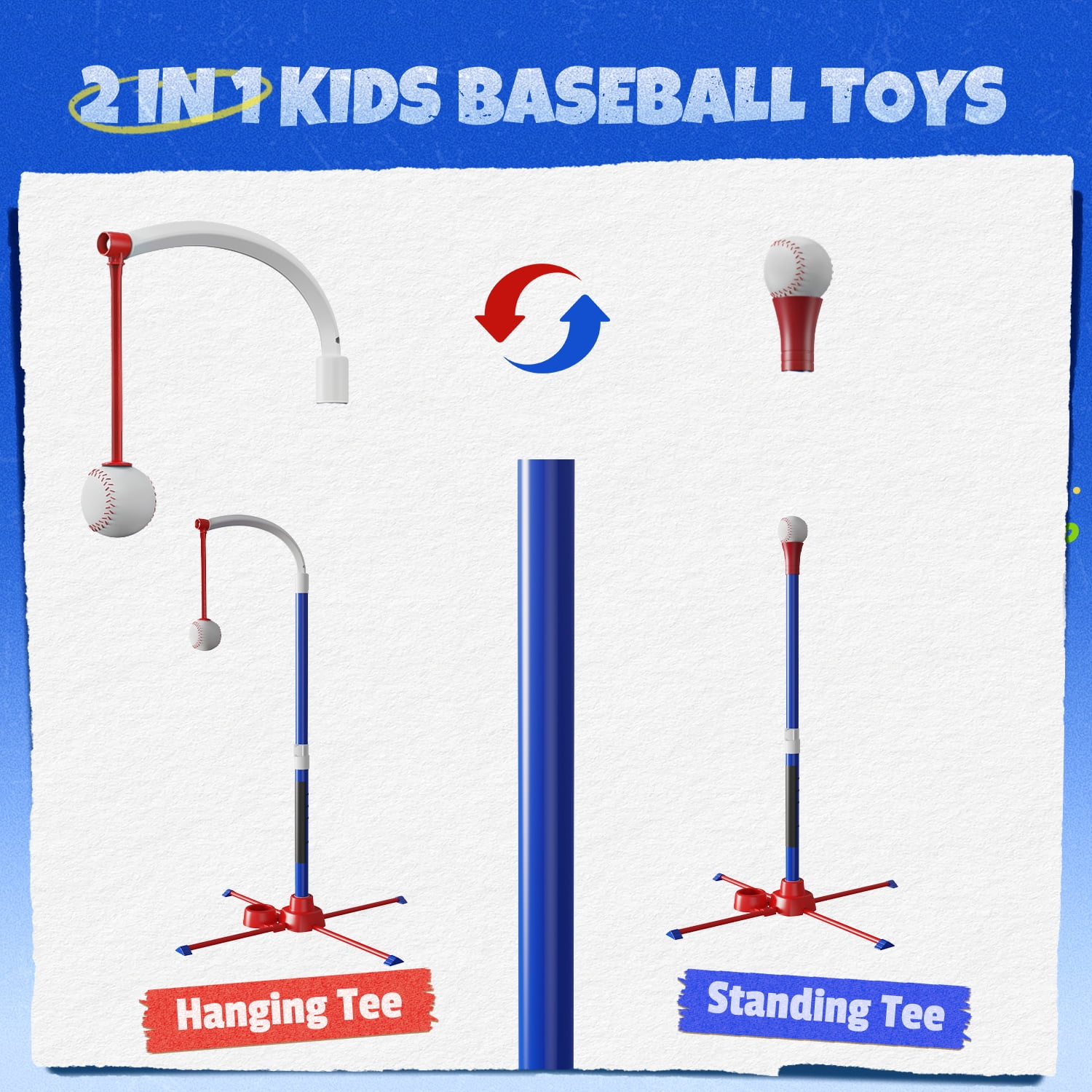 JoyStone 3-in-1 Baseball Set for Kids, Tee Ball Stand, Hanging Tee, Ball Launcher and 4 Softballs - Adjustable Height Baseball, Indoor/Outdoor Sports Gifts for Boys