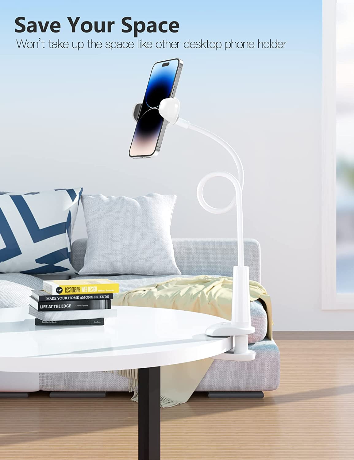 Gooseneck Phone Holder Stand for Bed Flexible Arm Adjustable Cell Phones Mount Clamp on Desk Bedframe Compatible with iPhone 14 Pro Max 13 12 11 X SE Series/Samsung S22 or Other 4"-7" Devices
