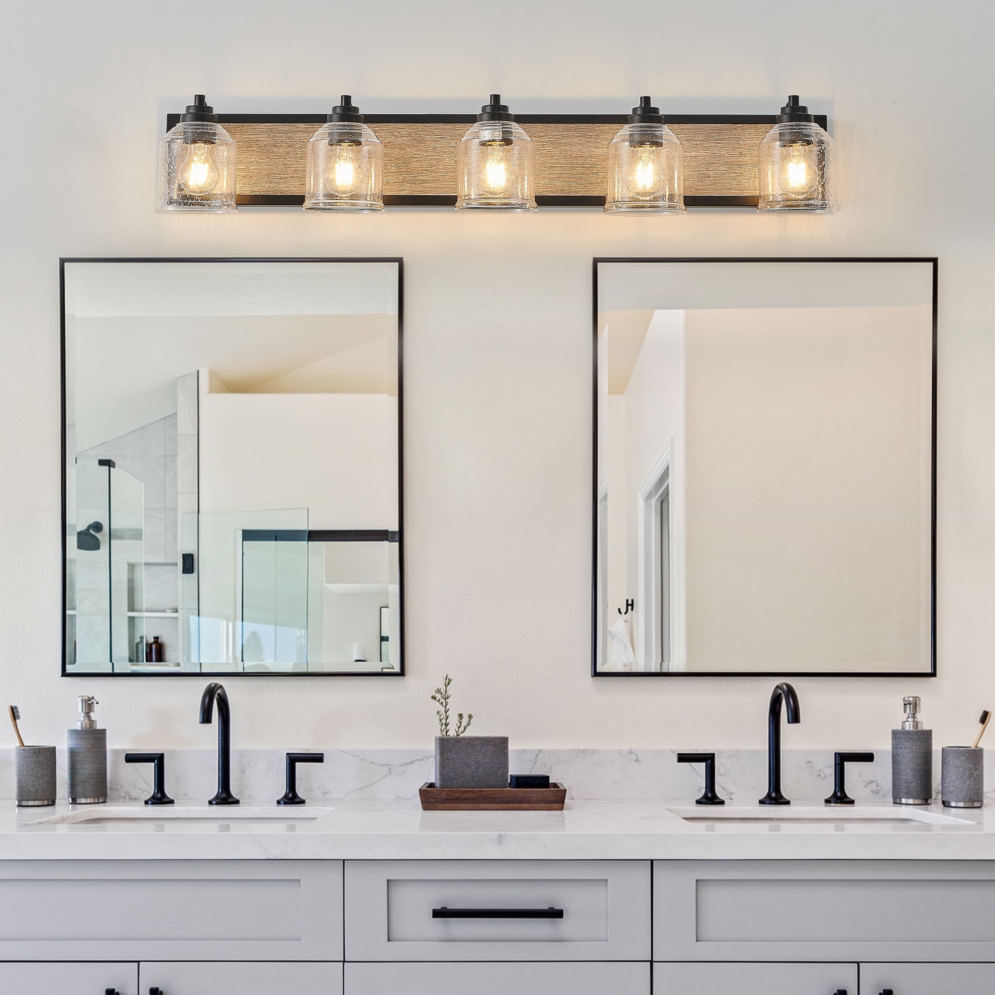 5-Light Farmhouse Bathroom Vanity Light, Brown Metal Vanity Light with Glass Shades,Rustic Wall Sconce Lighting Fixtures Over Mirror for Barhroom,Kitchen 40.2in