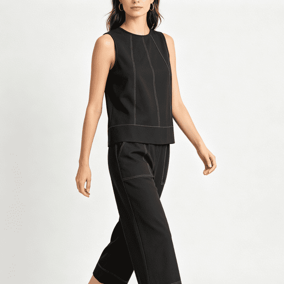 Zynoxe Two Piece Sets for Women Casual Drawstring Elastic Waist Capri Pants Round Neck Tank Tops Summer Loose Fit Plus Size Lounge Sets with Pockets Black S