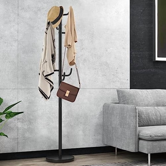 GOFLAME Coat Rack Freestanding, Metal Coat Tree with 8 Hooks and Stable Round Base, Standing Coat Rack Stand for Clothes, Scarf, Bag, Coat Hanger for Entryway, Bedroom, Easy Assemb
