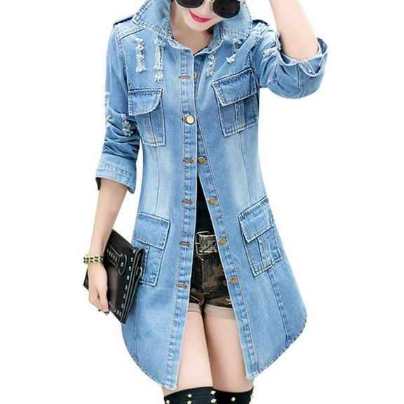 Women's Casual Lapel Slim Long Sleeve Denim Outercoat Jacket Windbreaker