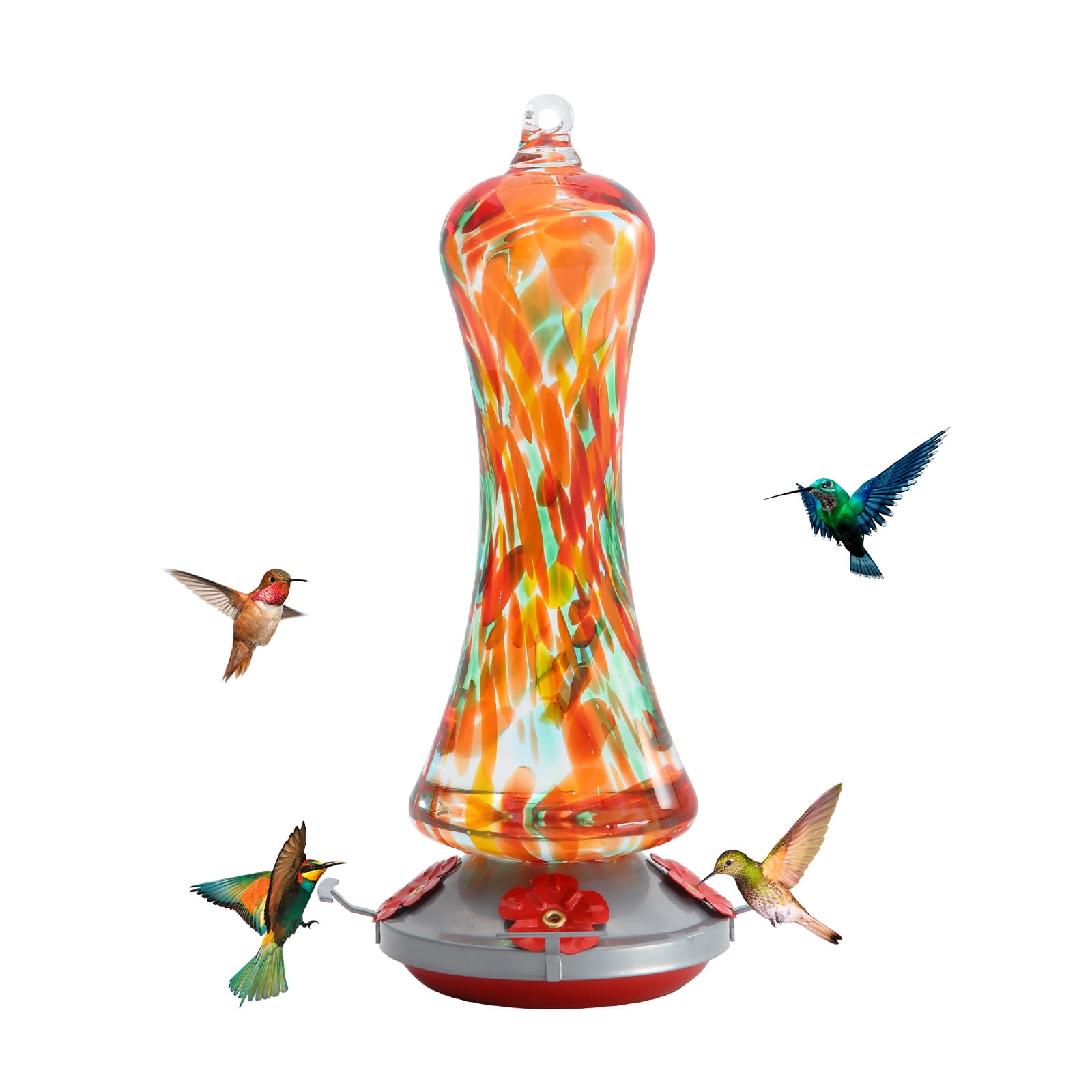 Birdkiss Hand-Blown Glass Hummingbird Feeder 16 oz for Garden Backyard