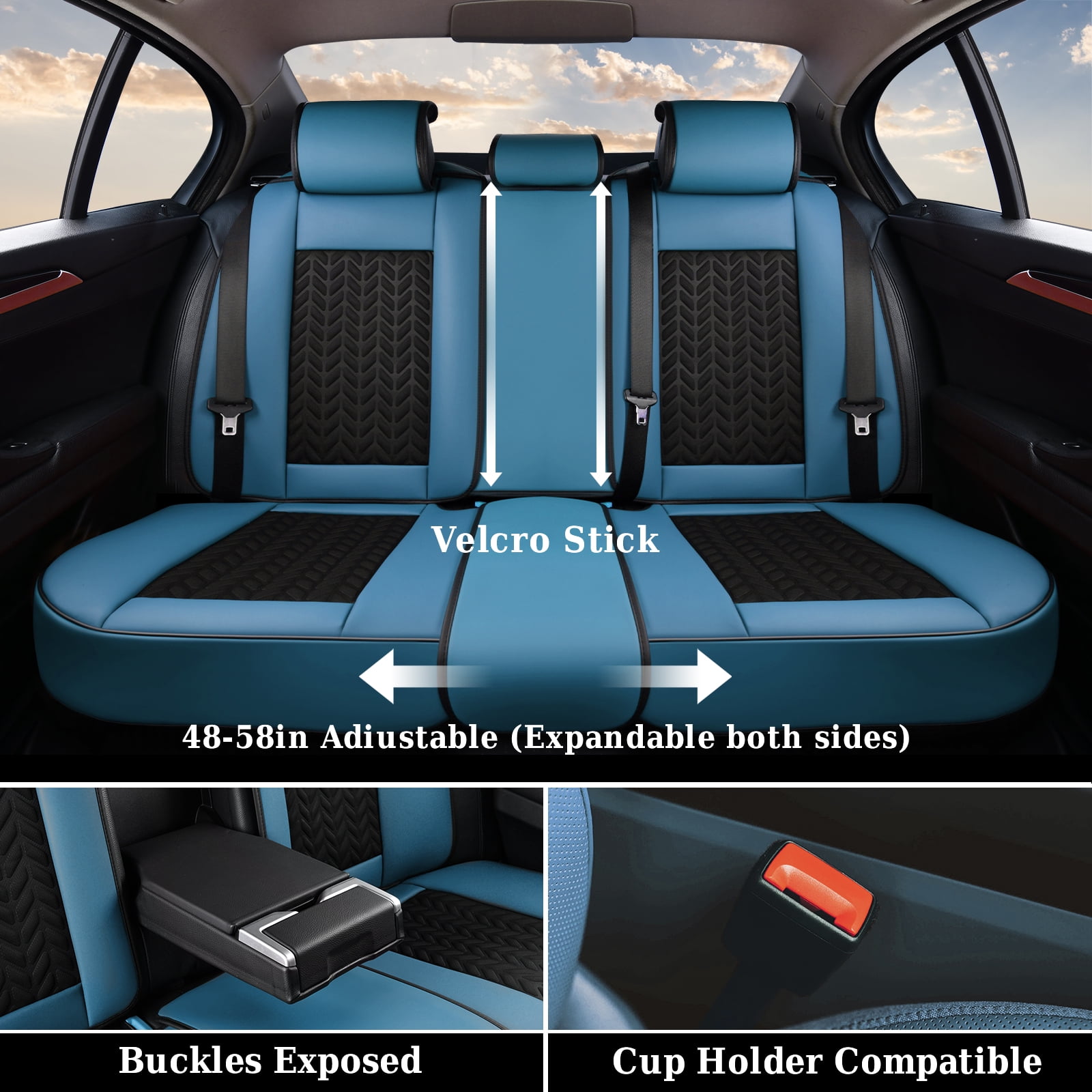 Coverado Black&Blue Car Seat Covers Full Set, Faux Leather Seat Protectors with Embossed Grains, Front and Back Auto Cushions Universal Fit Most Cars, Sedans, SUVs and Trucks