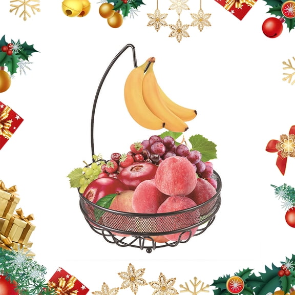 Auledio Fruit Basket, Metal Fruit Bowl with Banana Hanger Hoom Christmas Decoration Metal Fruit Bowl for Kitchen Storage (Bronze)