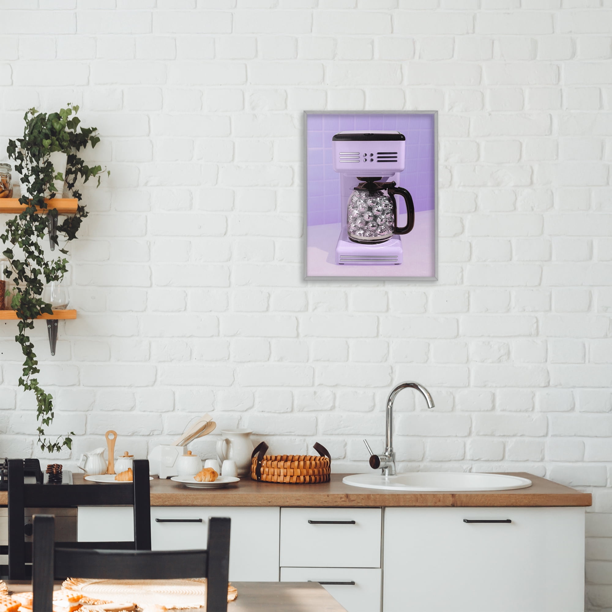 Stupell Industries Disco Coffee Maker over Purple Gray Framed Giclee Art, design by LISH Creative