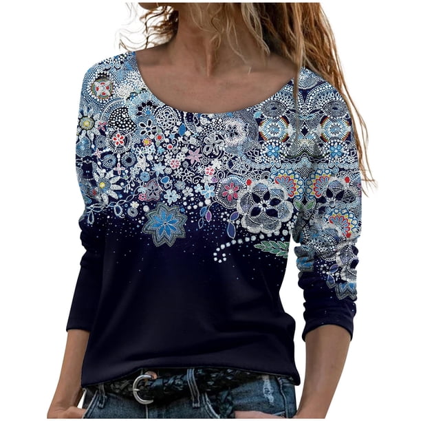 Moda mujer Casual impresión cuello redondo manga larga suelta camiseta otoño blusa pulóver Tops Pompotops FGAJ6076