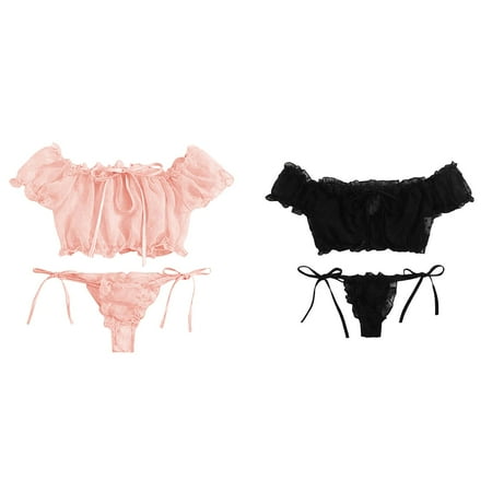 2-Pack Cute Women Embroidery Lace Bowknot Off-Shouder Lingerie Set Sleepwear Pajamas Lace Toilet Cover Set Men Big And Tall Toddler Cat Underwear Lace Necklace Set Push up Bra Lace Set Clothes Set