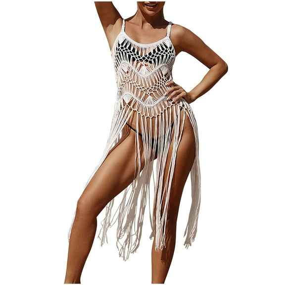 LYXSSBYX Plus Size Swimwear Cover up Clearance Women's Sexy Solid Sleeveless Hollow-out Breathable Woven Hollow Tassels Dresses Sunscreen Beach Smock