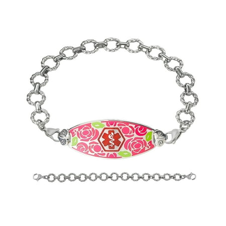 - Divoti Deep Custom Laser Engraved Gorgeous Red Rose Medical Alert Bracelet -Fancy Link Stainless