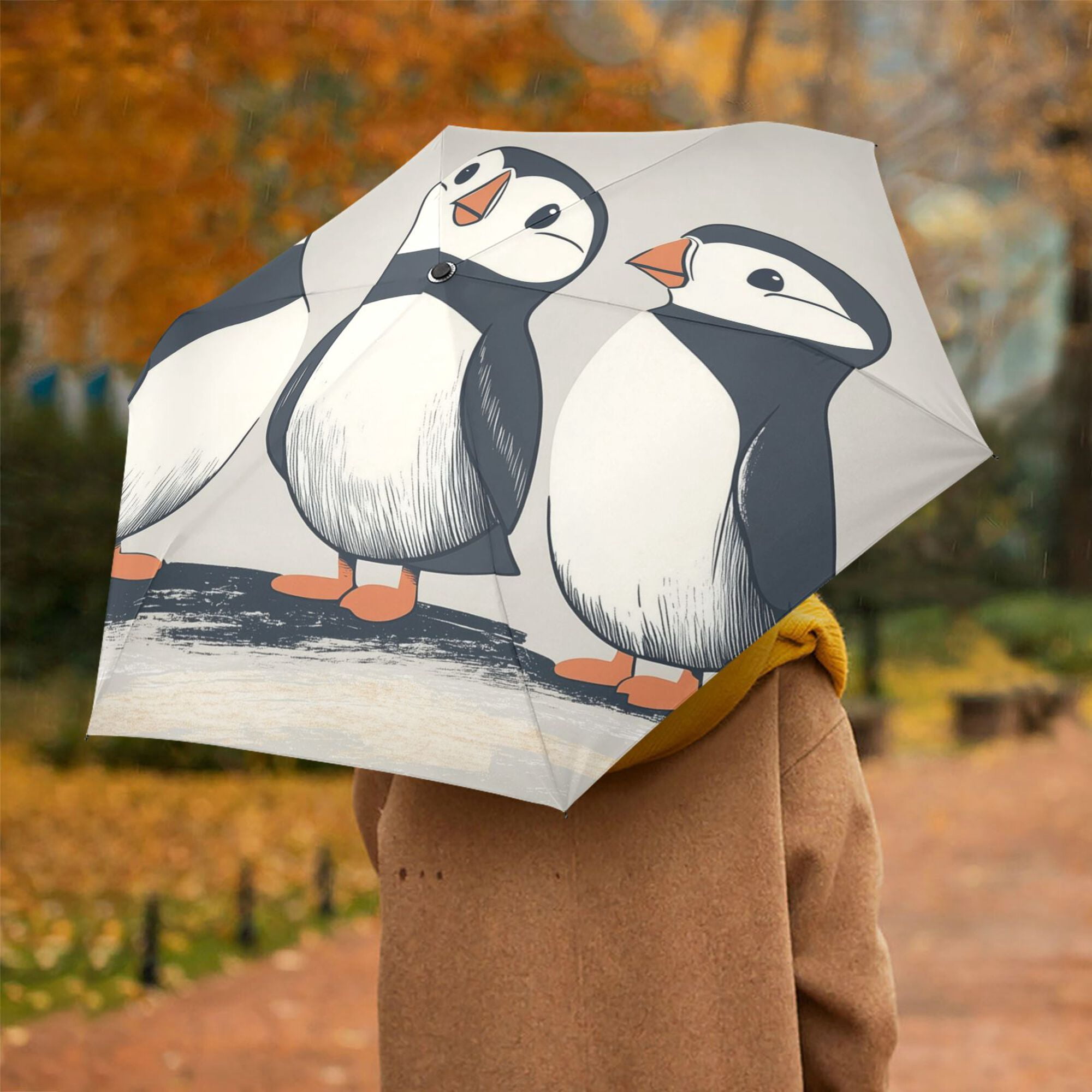 FORMRS Travel Umbrella Folding Auto Open Close Windproof Rain UV Protection, Cute Puffin