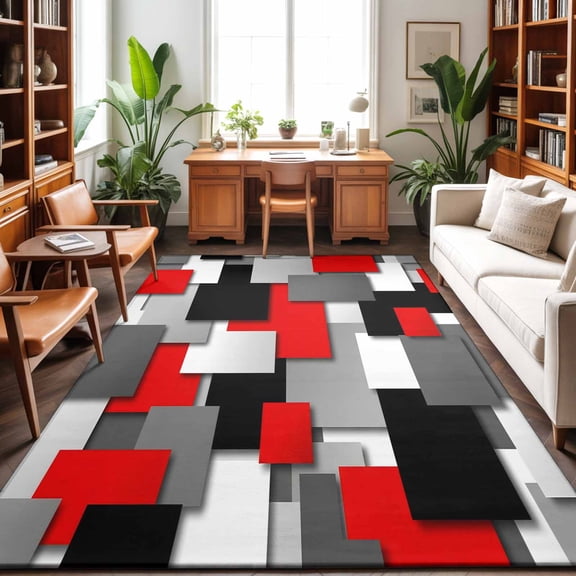 Area Rugs 5'x7', Red Black Geometric Carpet Runner Indoor Outdoor Rugs Home Decor Aesthetic, Modern Abstract Art Block Non Slip Mats Washable Accent Rug for Living Room Bedroom