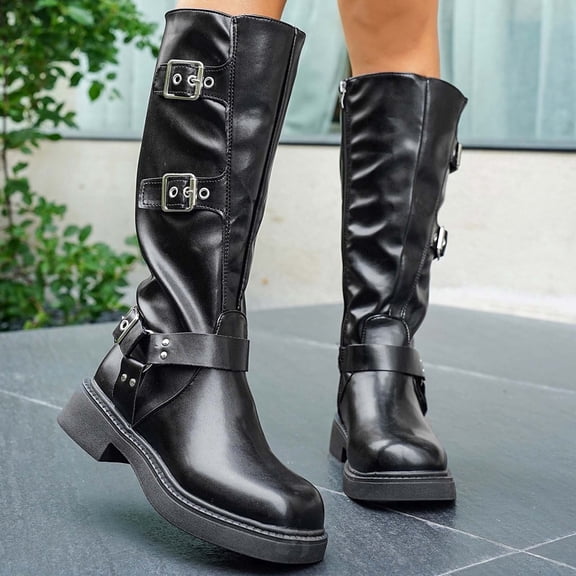 JUSLIO Winter Boots for Women,Chunky Heel Boots Solid Color Mid Calf Boots Fashion Casual Comfort Square Toe Womens Boots