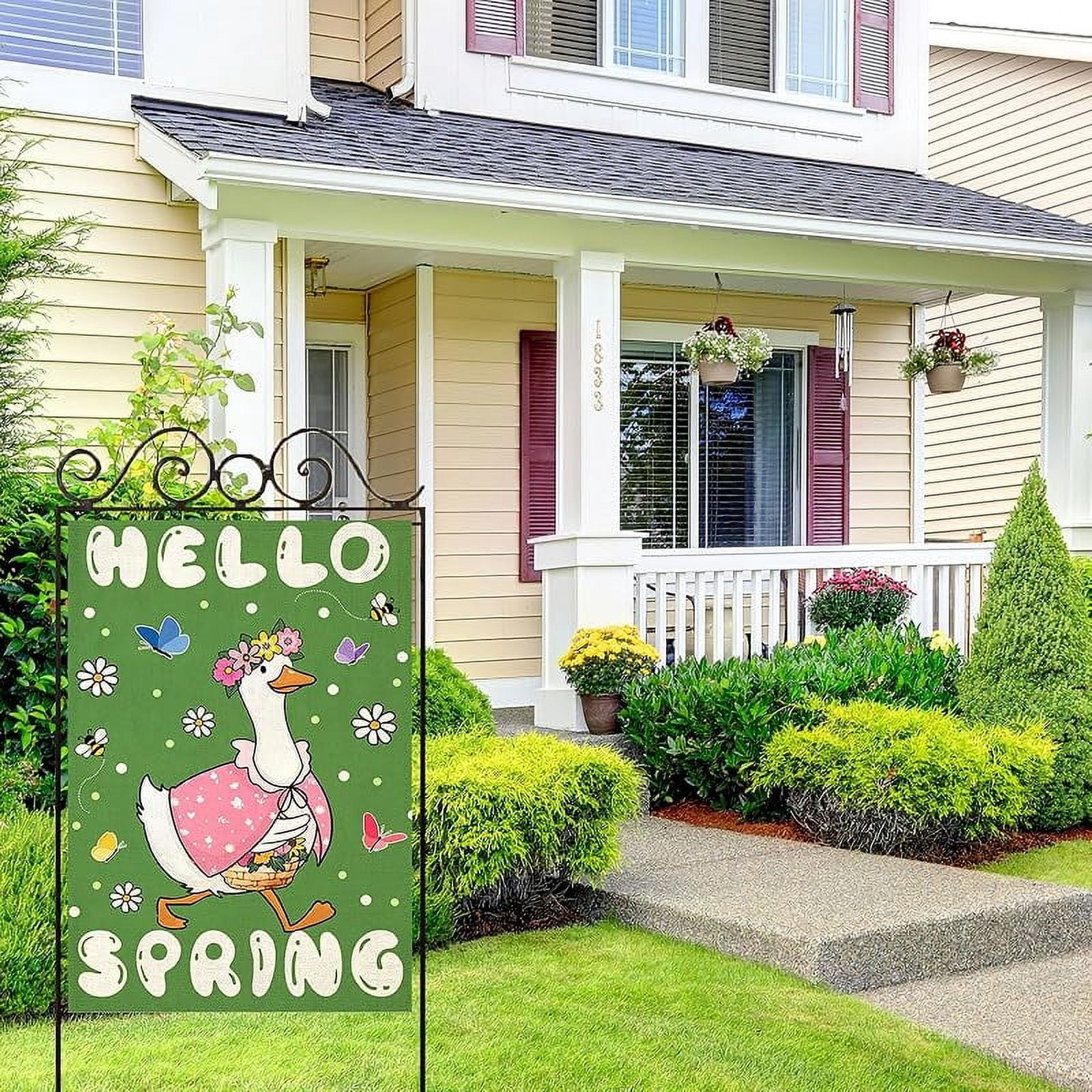 Hello Spring House Flags for Outdoor Decoration, Funny Goose with Flowers Large Yard Flag,Seasonal Decorative Decor for Holiday Summer Outside 28x40 Inch Vertical Double Sided
