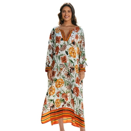 EDOLYNSA Women V-Neck Bohemian Beach Dress Long Sleeve Maxi Dresses Floral Printed Summer Outfit Casual Tunic Bikini Cover Up
