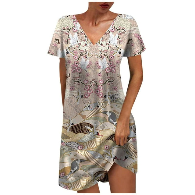 Robes d'Été pour Femmes à Imprimé, Manches Courtes, Col en V, Longueur Mi-Cuisse, Robe Mode