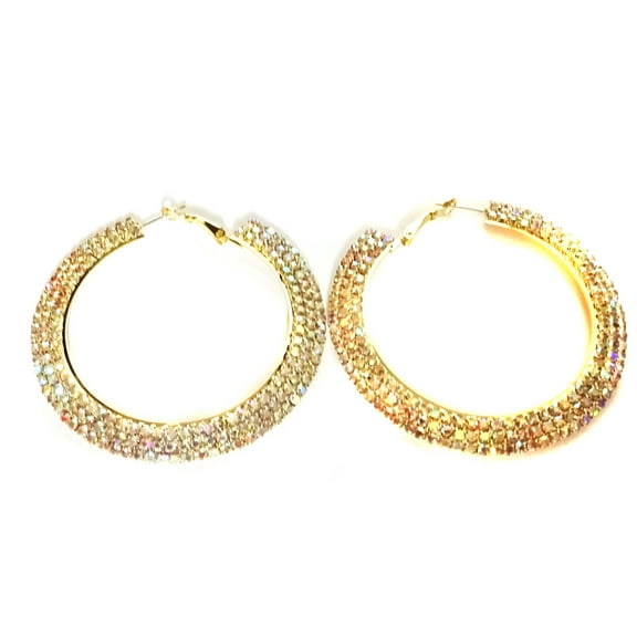 Rhinestone Hoop Earrings Iridescent Crystal Gold Tone 2.5 inch Hoops Large