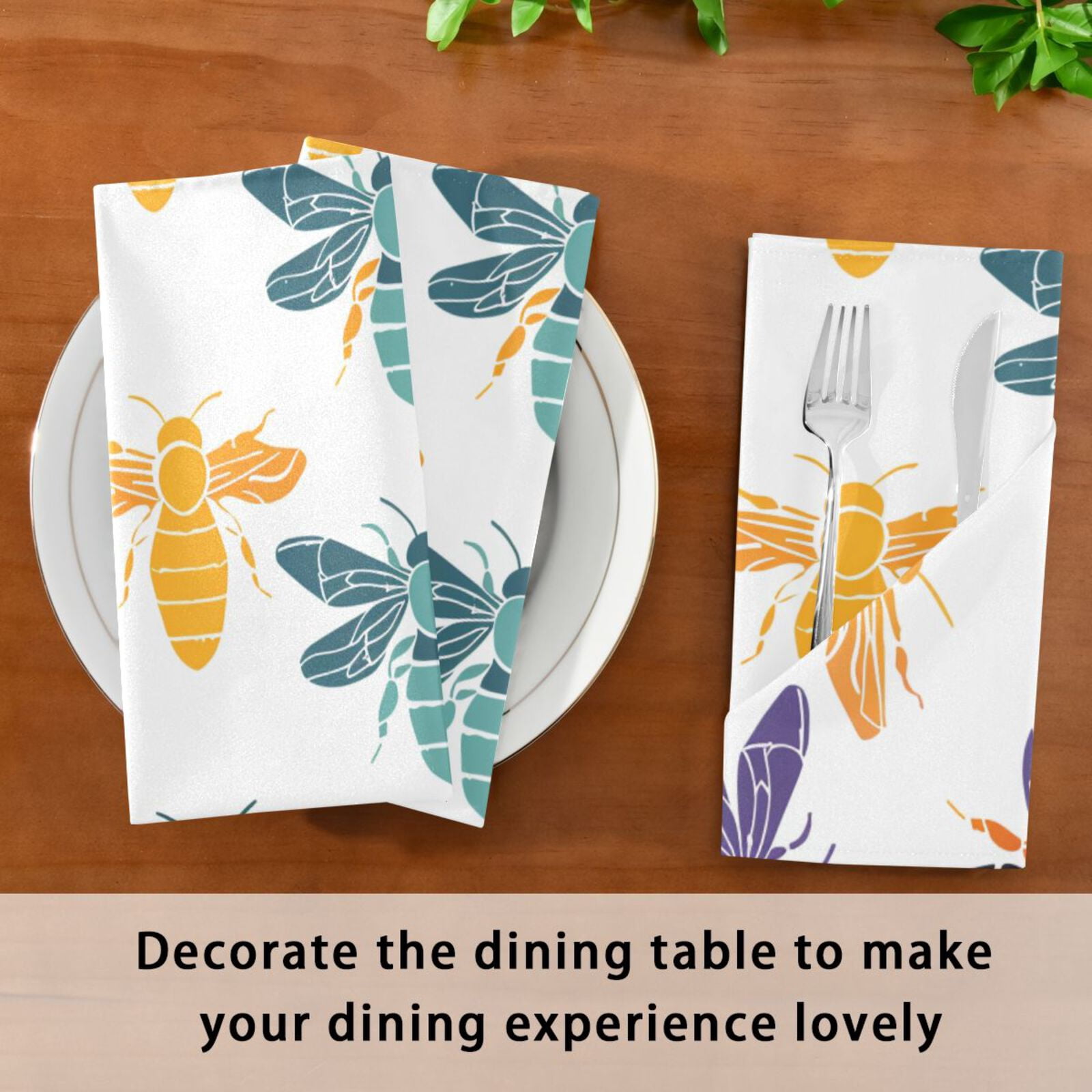 JSTEL Colorful Bee Print Cloth Napkins Set of 6, 20x20 Inch Washable and Reusable Napkin for Decoupage Dinner Party Everyday Use