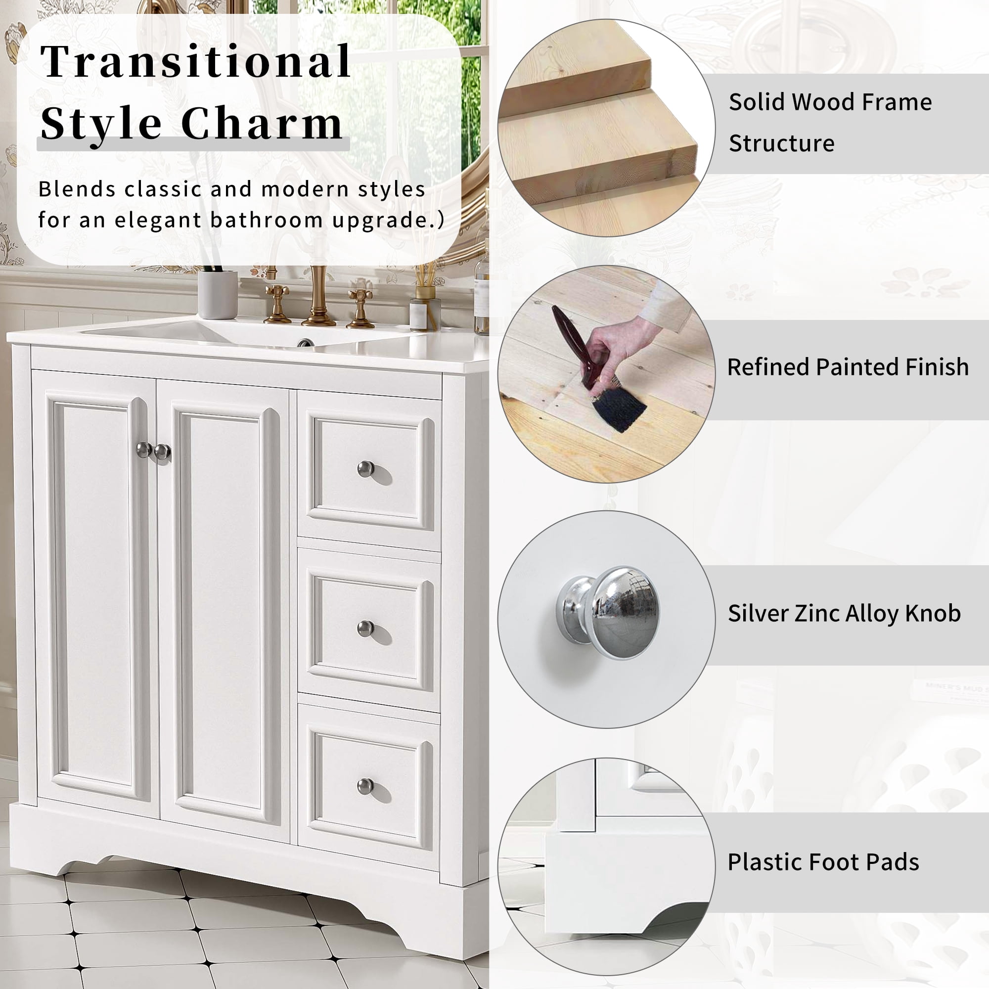 Euroco 36'' transitional bathroom vanity with ceramic sink – features 2 soft-close doors, an adjustable U-shaped shelf, 3 drawers (including one with divider), painted finish, and ample storage space