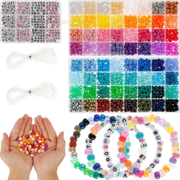 FVKRNYZ 1977Pcs Pony Beads Kit for Bracelet Making 64 Colors 9mm Kandi Beads Set Plastic Pony Beads Bulk with 375pcs Letter Beads Elastic String DIY Bracelets Jewelry Beads