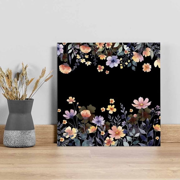 Black Spring Floral Wall Art Painting on Canvas, Elegant Flowers Farmhouse Botanical Canvas Art Home Prints Wall Art Framed Modern Artwork for Living Room Bedroom Wall Decor 16x16in