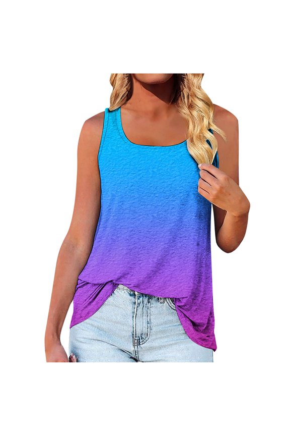 Women's Summer Tank Tops Casual Loose Fit Camis O-Neck Blouse Colorblock Stripe Print Tops Trendy Comfy Camisole Sleeveless Shirts for Girls Purple