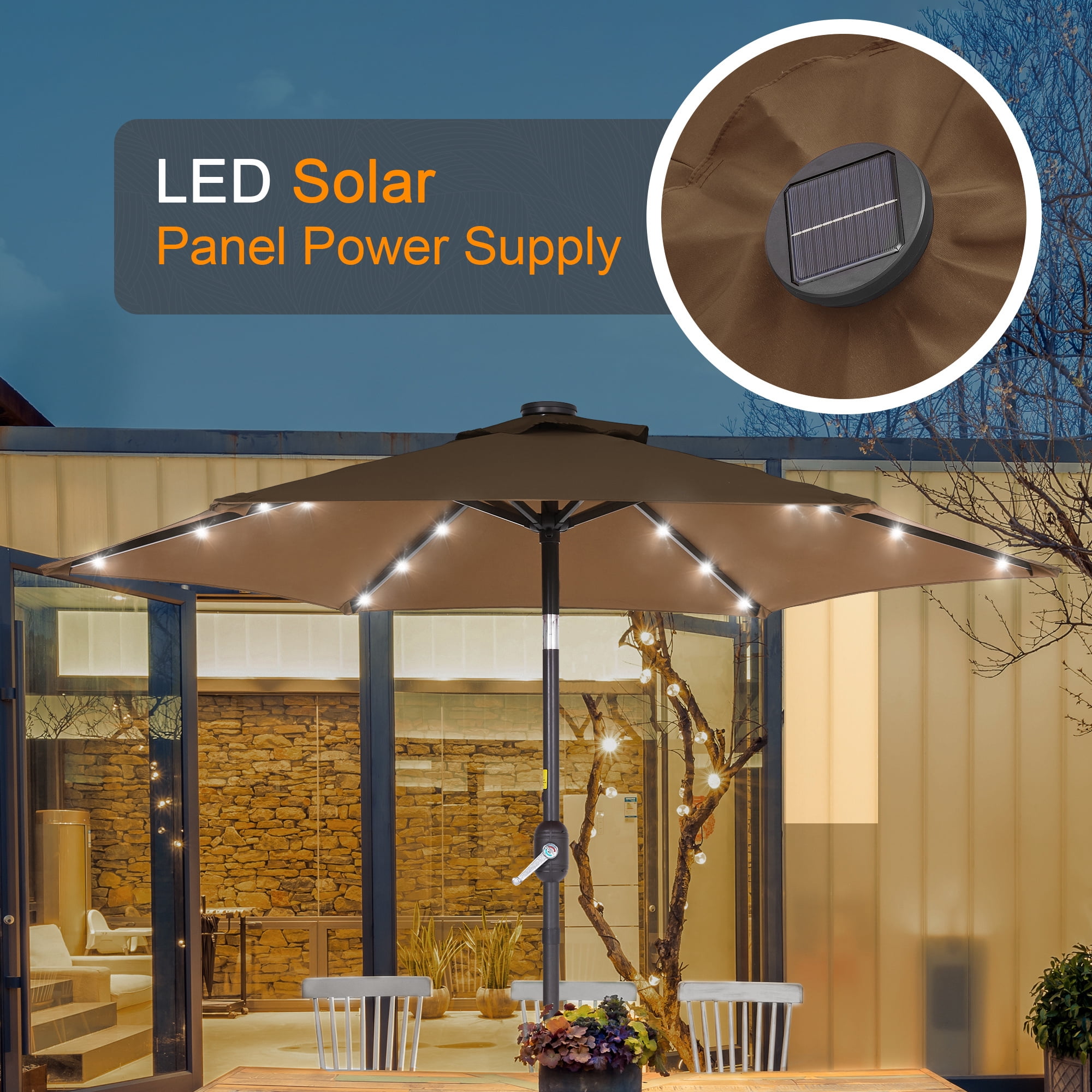 ACEGOSES 7.5ft LED Solar Outdoor Patio Market Table Umbrella with Polyester Canopy for Garden,Yard and Poolside, Taupe
