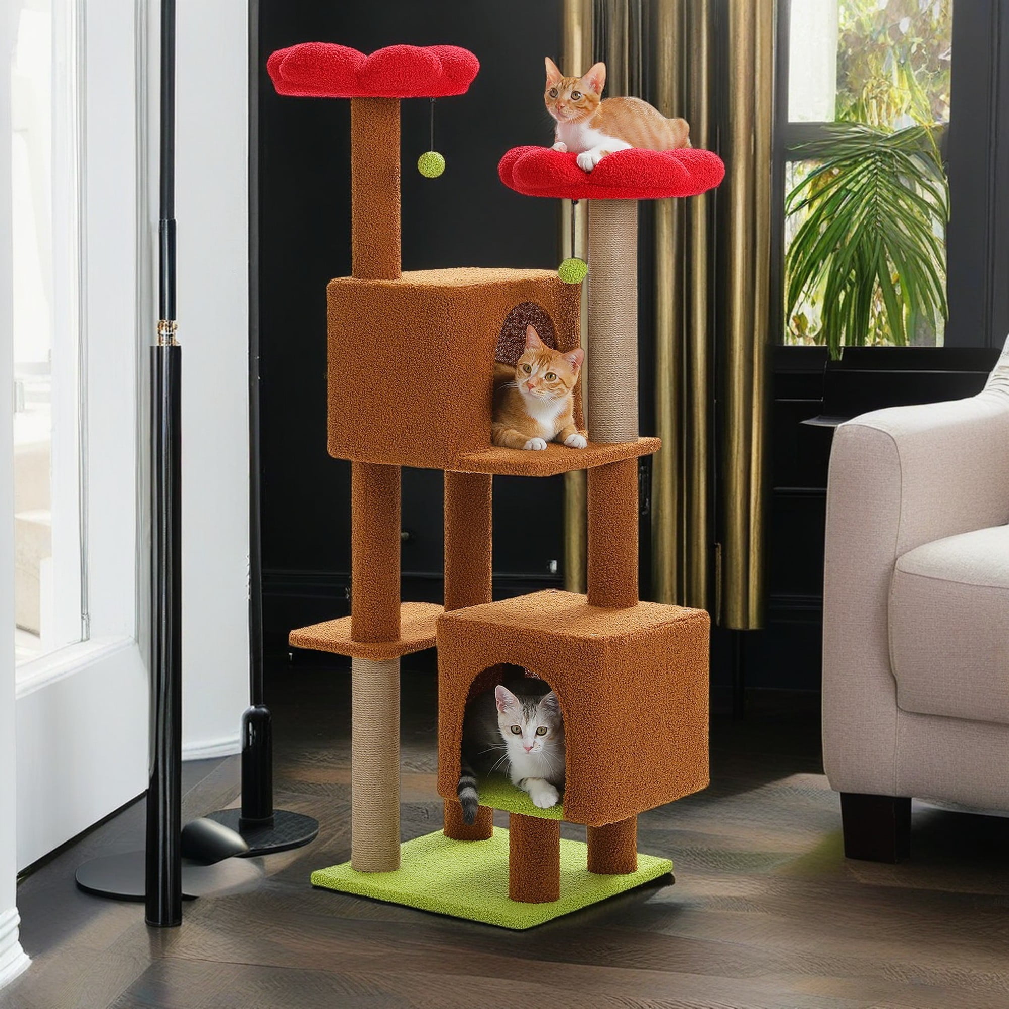 Kadyn 52" Cat Tree Tower with 2 Scratching Posts, 2 Perches, 2 Caves, Pompoms, Multi-Level Plush Cat Condo for Indoor Cats, Brown