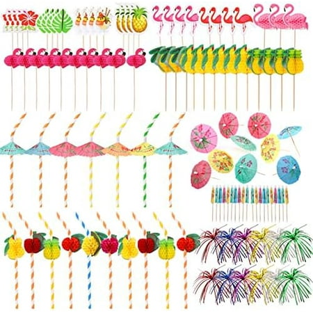 180Pcs Hawaii Cocktail Decorations, Palm/Flamingo/Pineapple, Pool/Beach Drink | Home Decor
