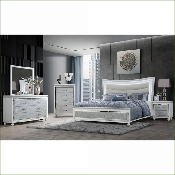 Bedroom Set, 5-Piece Queen Size Snow White with Storage | Solid Wood MDF | Bookcase Beds