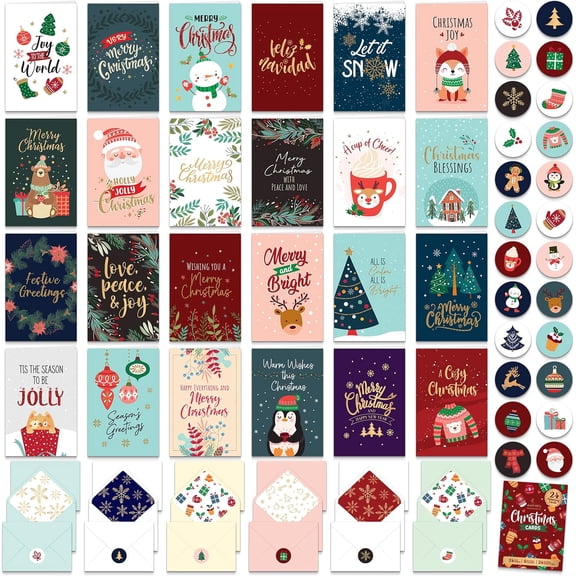 A house of tools 24 Pack Foiled & Glittery 6x4in Assorted Box Christmas Cards with Envelopes and Stickers, 24 Festive Designs Christmas Card Set with Printed Message Inside