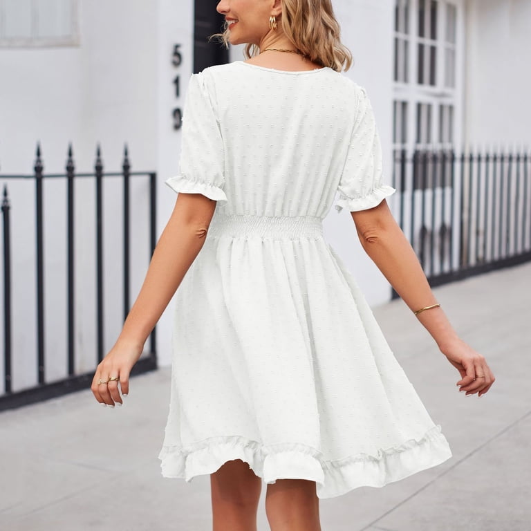 Fewfanhot Weiqiqre Fall Dresses for Women Smocked Short Sleeve V Neck Chiffon Mini Dress Summer Dot Flowy Short Dress, Women's, Size: Large, White Fewfanhot Weiqiqre Fall Dresses for Women Smocked Short Sleeve V Neck Chiffon Mini Dress Summer Dot Flowy Short Dress, Women's, Size: Large, White