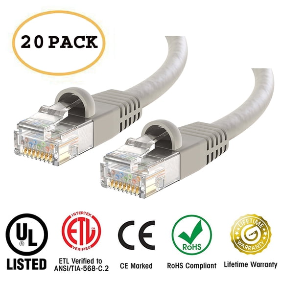 20-Pack Cat 6 Ethernet Cable Cat6 Snagless Patch 6 Feet - Computer LAN Network Cord, GRAY