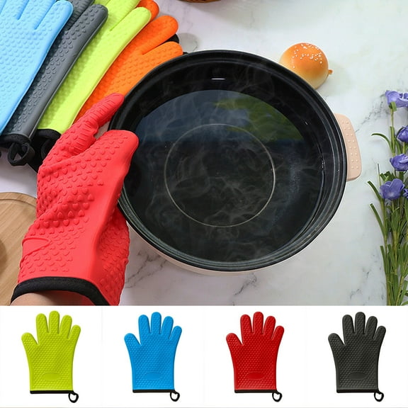 Kitchen Silicone Five Finger Baking Plus Cotton Thickened Non Slip Microwave Oven Mitts/ Baking Gloves Red