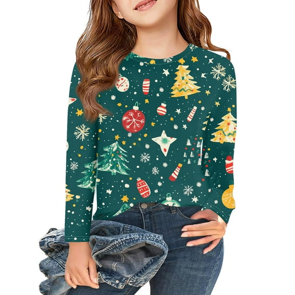 Abcomgle Christmas Shirts for Girls Cute Christmas Tree T-Shirts for Kid Girls Crewneck Long Sleeve Tee Shirts for Girls Winter Funny Cute Tee Top Girls,8-9 Years