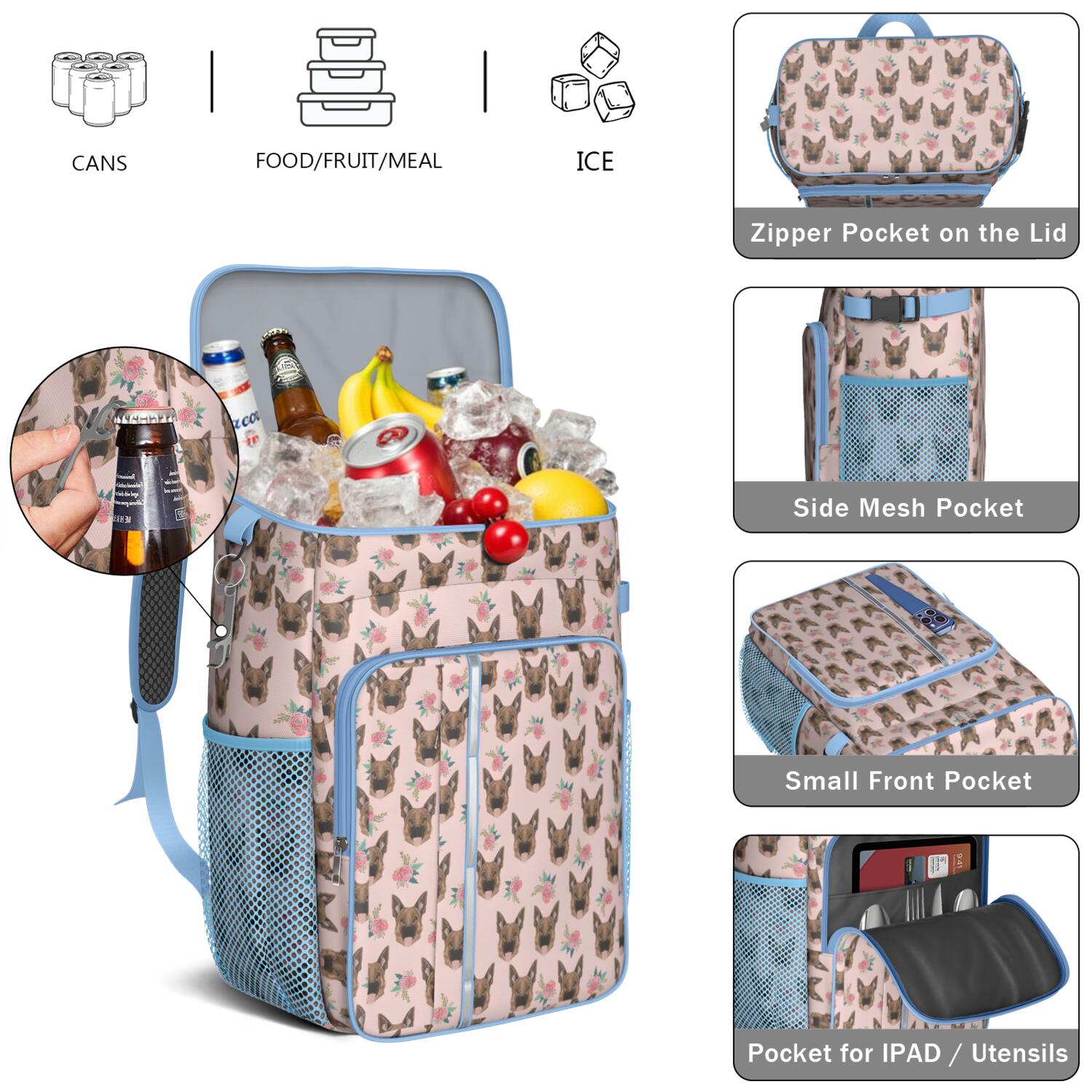 Travel Cooler Bag - German Shepherd and Flowers Camping Beer Cooler Backpack with Bottle Opener- Waterproof Insulated Picnic Backpacks - Cooler Bag for Beach